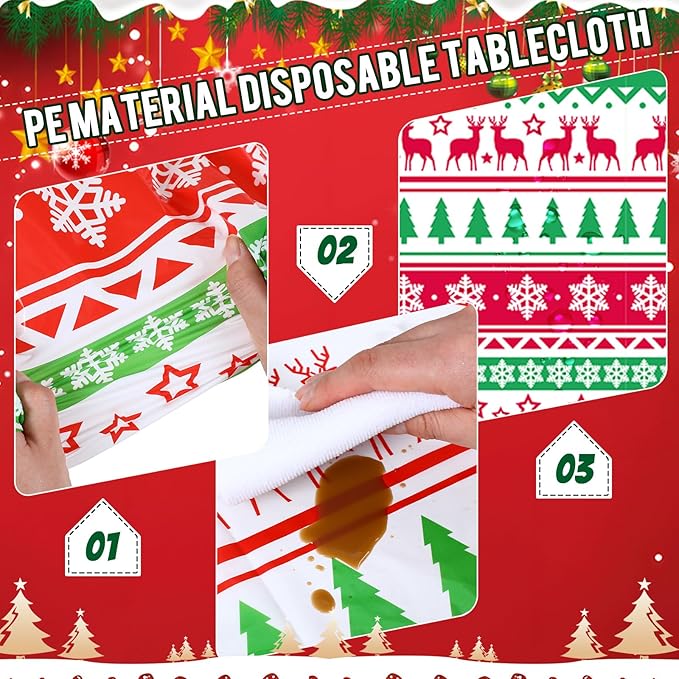 Oudain 3 Pack Christmas Tablecloths, Christmas Party Decoration, Disposable Plastic Tablecloth Rectangle 108 x 54 Inch Elk Snowflake Table Cover White Elephant Themed Decor for Xmas Party
