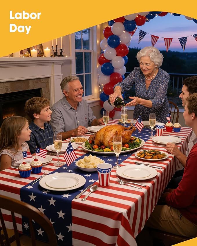 American Flag Plastic Table Cloth - 4 Pack 54" × 108" Rectangle Disposable Tablecloths for 6FT Tables, Table Cover for Party, Holiday & Gathering Use