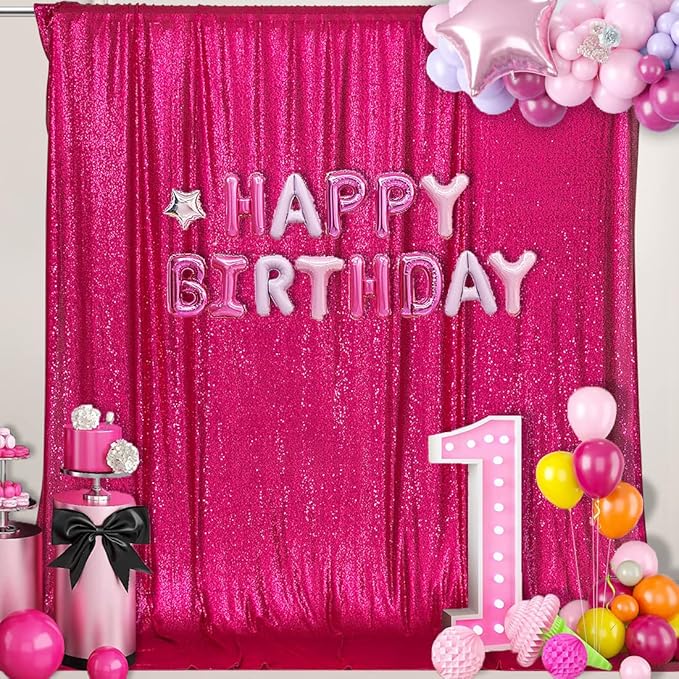 PartyDelight Hot Pink Sequin Backdrop 6x6ft - High Density 3mm Shimmer Sequin Background with 4-Inch Rod Pocket, Sparkly Photography Curtain for Birthday, Girl's Party, TikTok & Live Decor