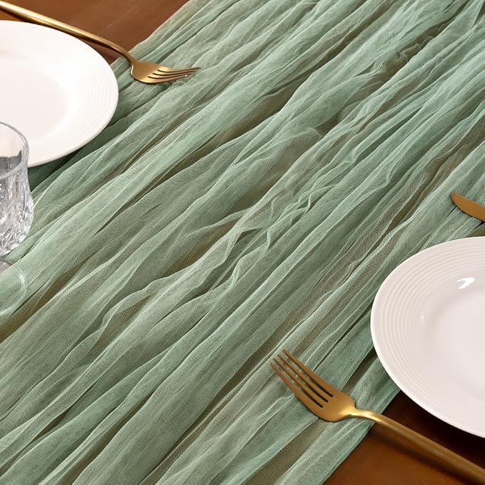Socomi Sage Green Cheesecloth Table Runner Tulle Gauze Cheese clothBoho Rustic 120 inch 10FT Runner for Wedding Party Baby Shower Birthday Holiday Decorations 1pc