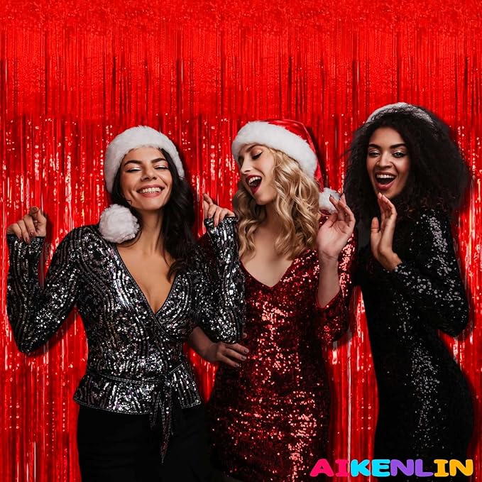 4 Pack 3.2Ft x 8.2Ft Red Foil Fringe Curtain Backdrop, Metallic Tinsel Foil Fringe Streamers Curtains Background for Photo Booth, Birthday, Wedding, Disco, Bachelorette, Christmas Party Decoration