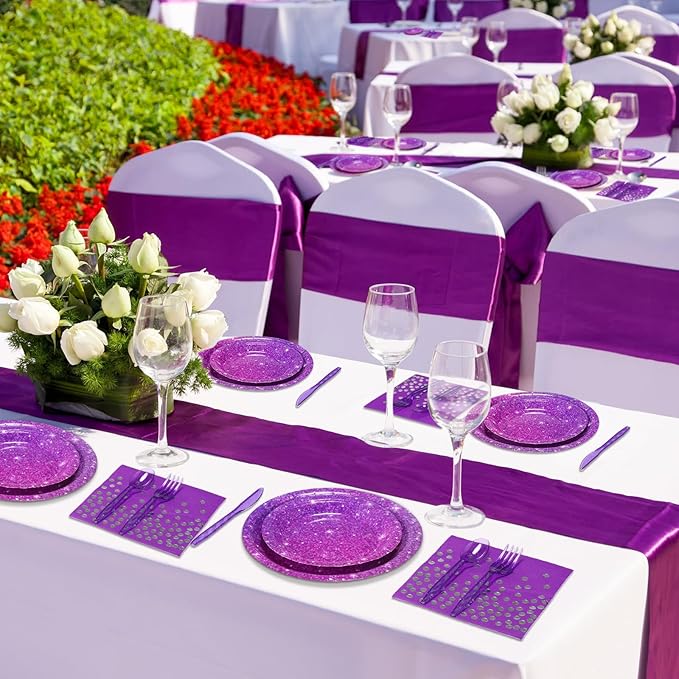 Hushee 175 Pcs Purple Holographic Print Party Supplies Guests Disposable Dinnerware Set Include Paper Plates, Napkins, Cups, Plastic Cutlery for Wedding Birthday Disco Bachelorette