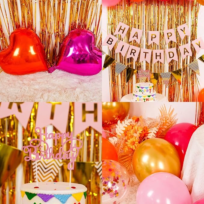 Pink Orange Party Decorations,Birthday Decorations with Hot Pink Orange Gold Balloons Happy Birthday Banner Fringe Curtain for Girls Women Teens Kids Party Decor