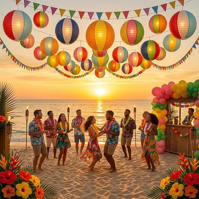 ADLKGG 15Pcs Pool Party Decorations Beach Ball Paper Lanterns, Summer Hawaiian Luau Themed Birthday Supplies, Reusable Decor for Outdoor Events, Indoor Classroom Home
