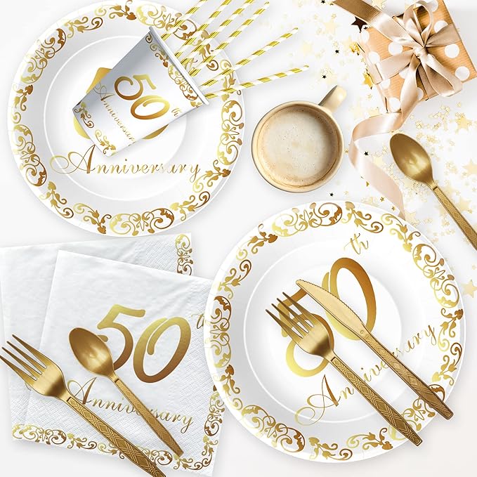 APOWBLS 50th Anniversary Decorations And Supplies Tableware - Golden 50 Year Wedding Anniversary Decorations, Party Plate, Cup, Napkin, Tablecloth, Cutlery, Paper Straw | Serve 24