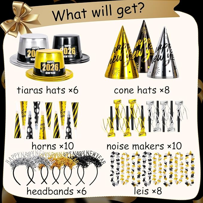 Atonofun 2026 New Years Eve Party Supplies for 20 Guests, 48 Pcs New Year Eve Party Hats and Horns, Headband, Tattoos, Blowouts, Leis 2026 New Year Party Favors