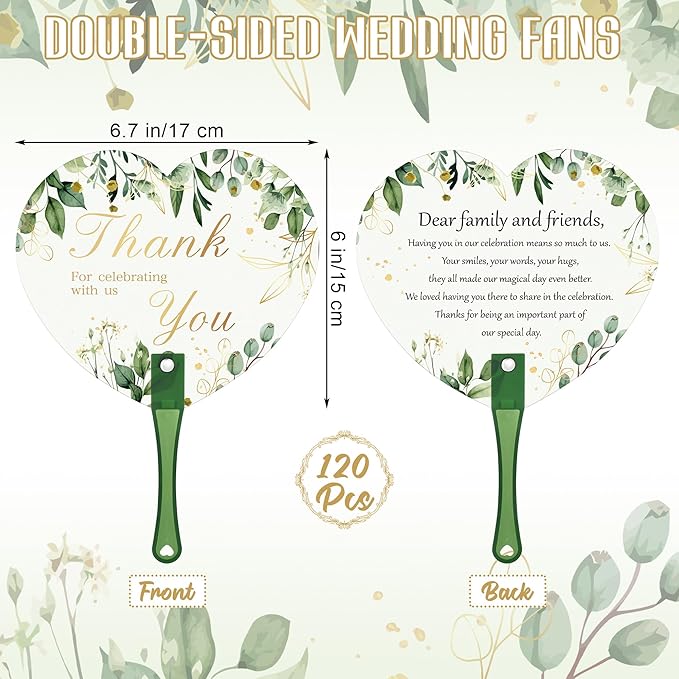 Aneco 120 Pieces Wedding Hand Plastic Fans with Wedding Table Sign Handheld Plastic Fan with Handle for Guests Bulk Wedding Hand Fans for Wedding Ceremony Bridal Shower, Green Leaves