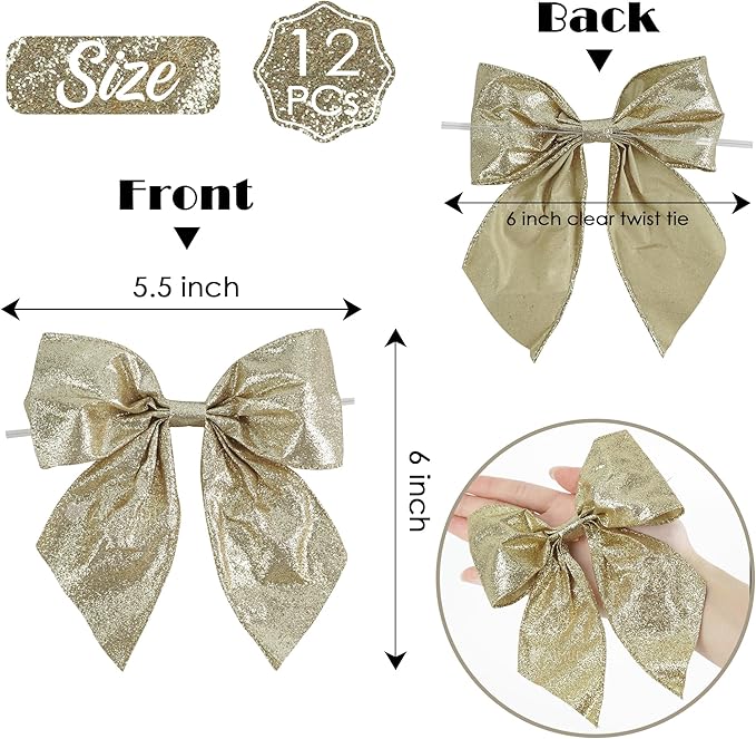 AIMUDI Champagne Glitter Wired Ribbon Bows with Twist Tie 5.5" Premade Metallic Christmas Bows for Gift Wrapping, Wreath, Garland, Holiday Crafts Party Home Outdoor Christmas Tree Decorations, 12 PCs