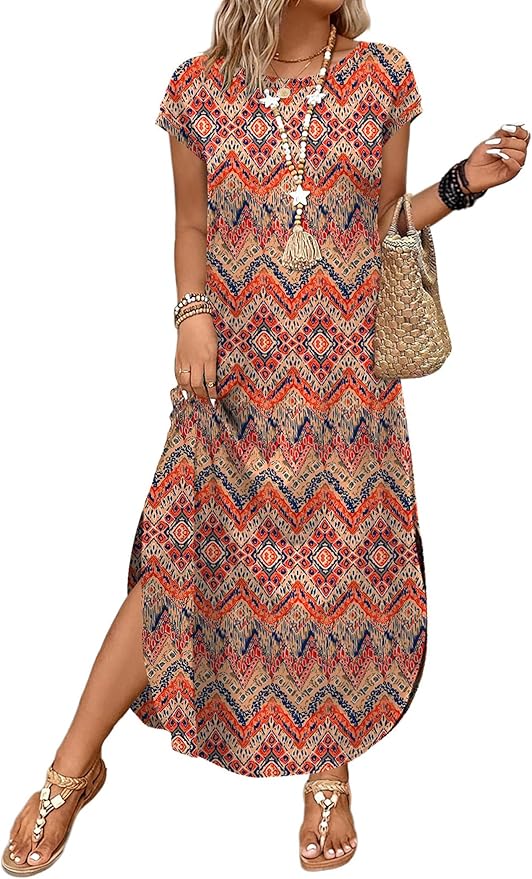 WIHOLL Summer Dresses Cap Sleeve Crewneck Maxi Long Casual Dress with Pockets Beach Vacation Sundresses 2026 Trendy