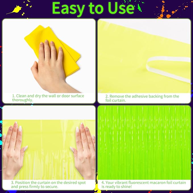 Glow in The Dark Tinsel Curtains 2 Pack - 3.3x6.6ft UV Reactive ‌Fluorescent Party Backdrop for Neon, Birthday, Pride Decorations, Pre-Taped, Lightweight Waterproof (Yellow)