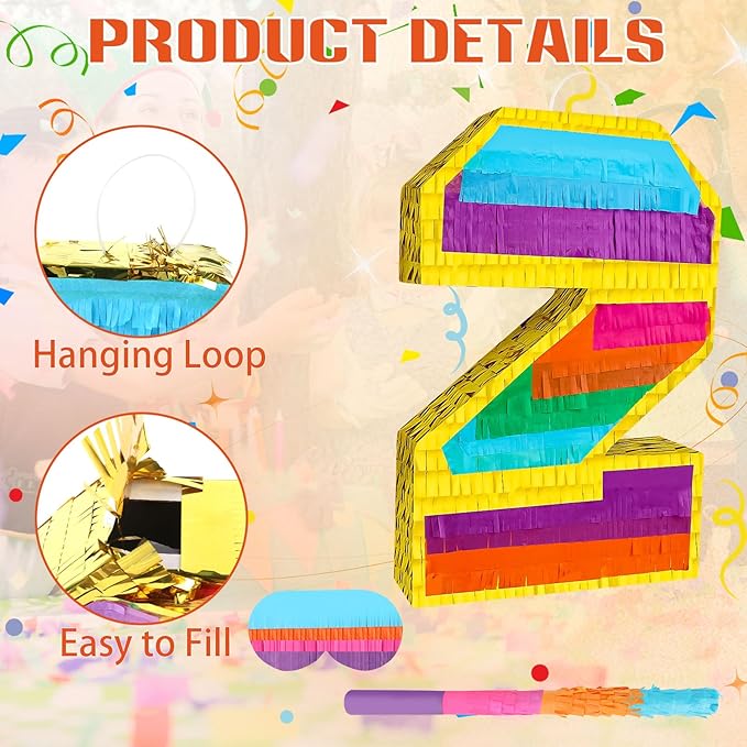 Rainbow Number 2 Pinata Birthday Decorations for Kids, Rainbow Pinata with Bat Stick Blindfold for Boys Girls 2th Birthday Celebrations Baby Shower Party Supplies (16.1x10.6x2.9 Inches)