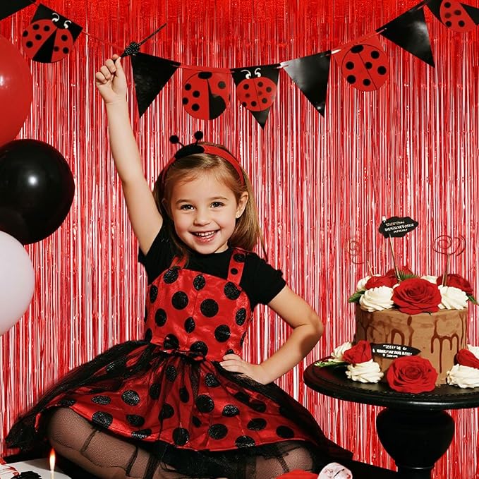 Red Foil Curtains for Birthday Parties, 3.28 x 6.56ft Shiny Metallic Tinsel Backdrop with Fringe | Easy to Hang, Reusable Party Supplies for Home, Stage, Photo Booth