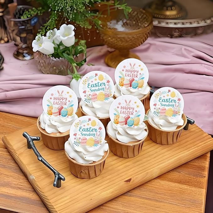 Ercadio 40 Pcs Edible Easter Eggs Cupcake Toppers Cute Rabbit Cupcake Decor Round Drink Topper Happy Easter Theme For Baby Shower Birthday Party Festive Cake Decoration Supplies