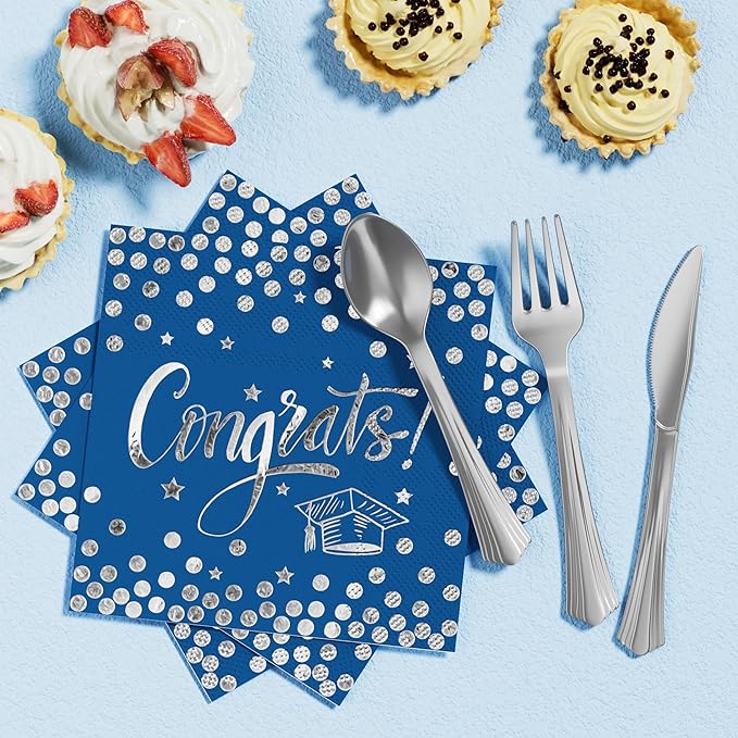 Ecomore 2026 Graduation Decorations - 245 PCS Grad Disposable Dinnerware(Serve 25) & Graduation Party Supplies With Congrats Paper Plate Cup Napkin Tablecloth Backdrop Balloon Kit - Navy Blue Sliver