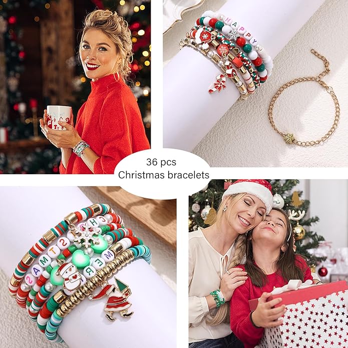 Cooluckday 36 Pcs Holiday Heishi Surfer Bracelets for Women Bulk Easter Mother's Day Christmas St. Patrick's Day Mardi Gras Bracelet Stackable Stretch Friendship Bracelets Set