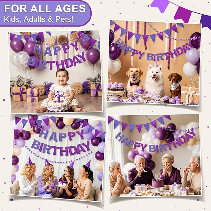 Pre-Strung Happy Birthday Banner & Felt Garland Set - Ombre Purple Birthday Decorations for Women Men Boys Girls | Reusable Party Supplies for Indoor & Outdoor