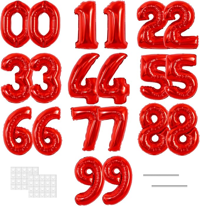TONIFUL Number Balloons 16 Inch Fat Red 2 Set 0-9 Number Mylar Foil Balloons 20 Pcs Custom digitalal for 2026 New Year Eve Birthday Party Engagement Graduations Anniversary Baby Shower Decor
