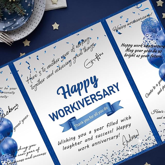 DARUNAXY Blue Silver Happy Workiversary Party Decorations, Navy Blue Happy Work Anniversary Alternative Signature Guest Book for Men Women Employee Business Gifts Signing Card Board for Office Supply