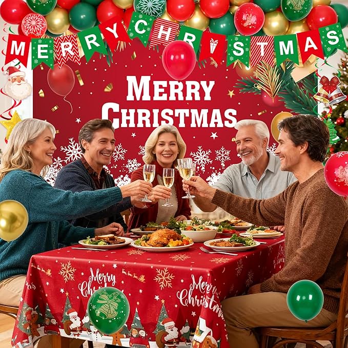 Christmas Party Decorations Set, Red Green Christma Balloon Arch, Merry Christmas Backdrop Banner Xmas Hanging Swirls Tablecloths for Xmas Party Indoor Outdoor Decorations Supplies