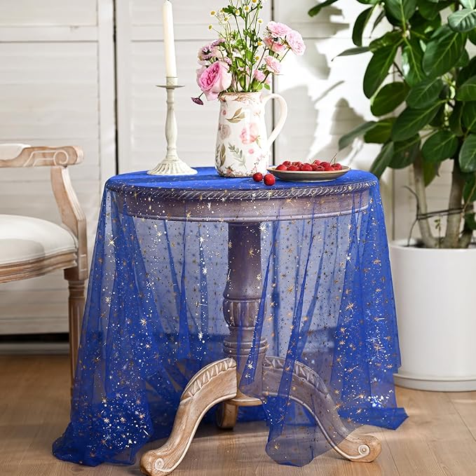 Horaldaily Royal Blue Gold Sparkling Star Gauze Tablecloth 52x70 Inch Rectangular, Golden Star Sequin Glitter Metallic Foil, Sheer Tulle Cheesecloth for Wedding Baby Shower Party