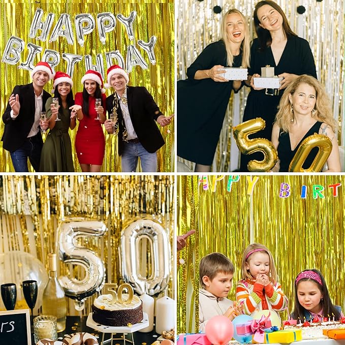Christmas Gold Backdrops Curtains Party Decorations, Tinsel Streamers for Birthday Decorations, Metallic Photo Booth Props for Wedding, 4Pack 3.28X6.56Ft