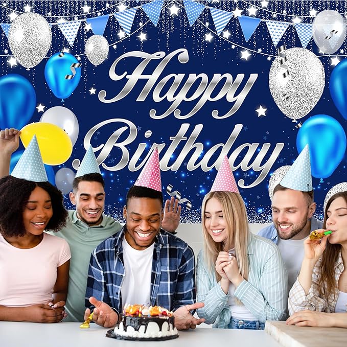 Happy Birthday Banner - Birthday Decorations for Men Women Boys Girls Blue Sliver Birthday Party Banners Welcome Happy Birthday Background Sign Theme Party Decorations Indoor Outdoor