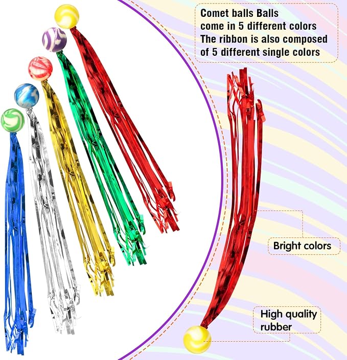 Leyndo 100 Pcs Colorful Streamer Balls Rubber Comet Ball Decorations for Party Favors, Goodie Bag Stuffers,Piñata Fillers, Assorted Colors