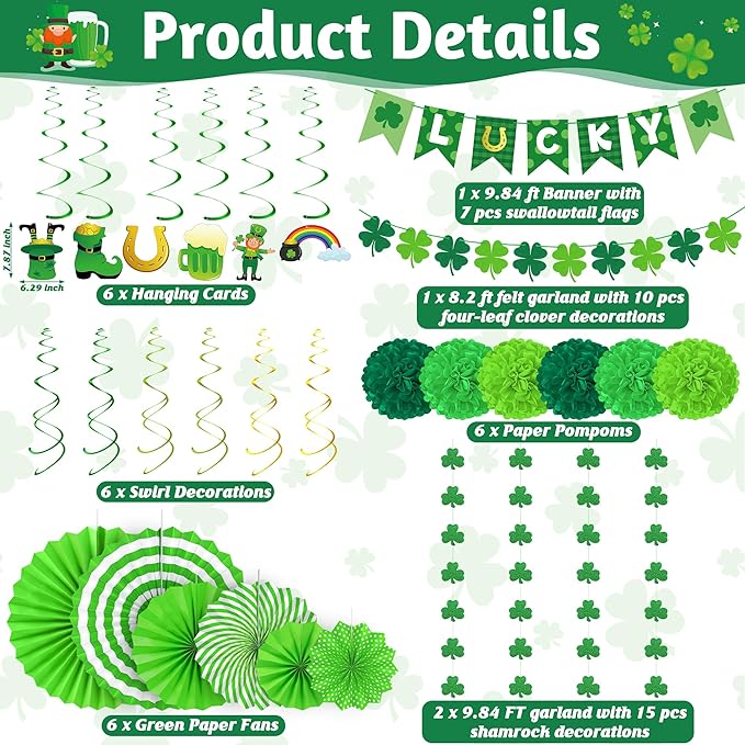 28 PCS St Patricks Day Decorations, Green St Patricks Day Paper Fan Set, Shamrock Decorations with Paper Fans Pompoms, Cards and Swirls, Banner and Garlands, Green Party Decorations for Home
