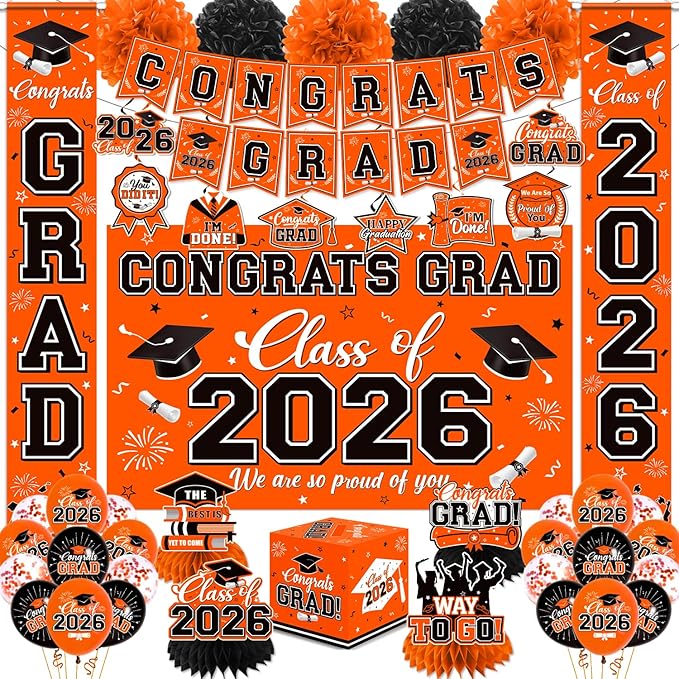 Graduation Decorations 2026 Orange Party Decor Set with Congrats Grad Banner, Class of 2026 Backdrop, Balloons, Box & Streamers Supplies for High School & College Celebrations