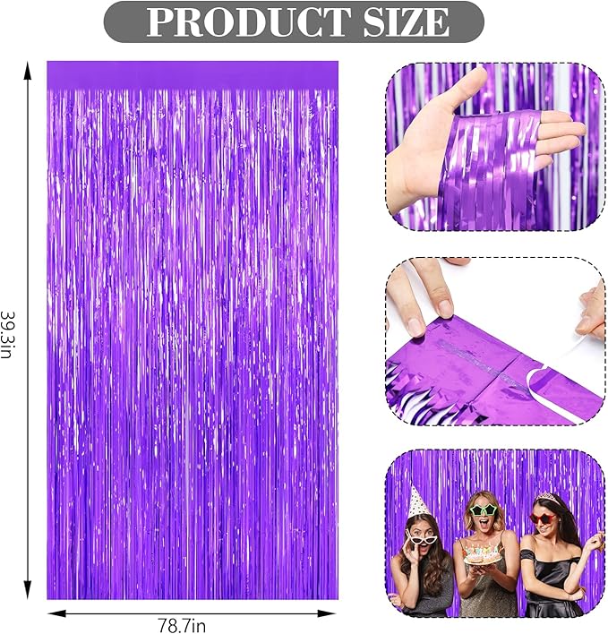 2 Pack Purple Foil Fringe Curtains, 3.3ft x 6.6ft Streamer Foil Curtain, Tinsel Backdrop for Birthday Party, Christmas Decor, Wedding Engagement Baby Shower Bachelorette Party Decorations