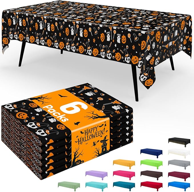 Smiry Disposable Table Cloth - 6 Pack, 54 x 108 Inch Waterproof Rectangle Tablecloths for Parties, Decorative Plastic Table Cover, Leakproof & Sturdy, Black & Silver