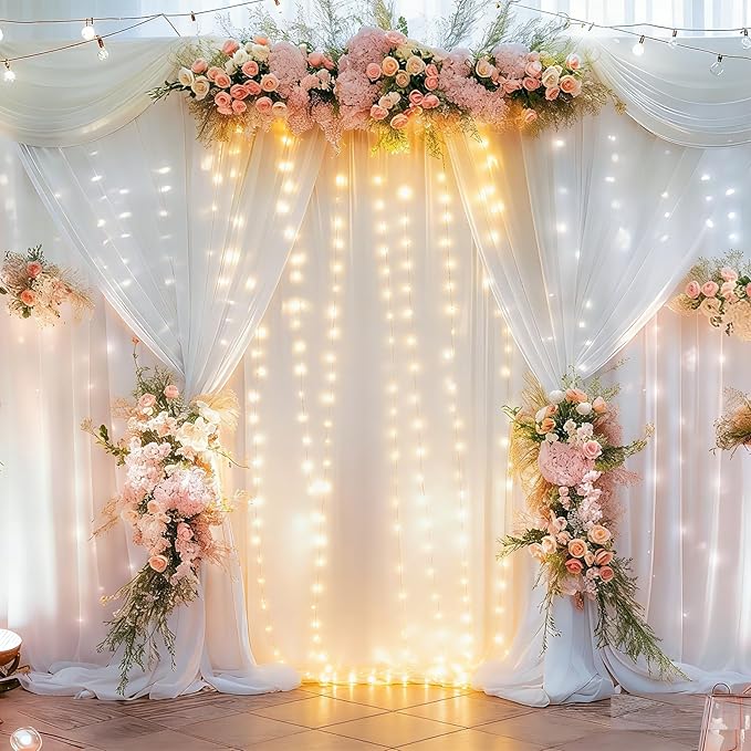 10 x 10ft White Backdrop Curtains with Lights String for Wedding Polyester Photo Backdrop Drapes Wrinkle Free White Curtains Backdrop for Birthday Parties Reception Baby Shower Ceremony-5 x 10ft x 2P