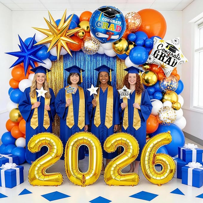 Orange Blue Gold Balloon Arch Kit, Graduation Balloons Garland, 2026 Graduation Decorations Blue and Orange Gold Balloons with Foil Star Confetti Balloon for Class of 2026 Party Decor