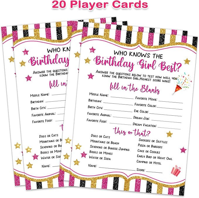 ALodr 20 Pieces Who Knows The Birthday Girl Best Cards - Birthday Party Decor Card Set Girly Themed Party Activities and Idea - Girl Birthday Supplies, Activity, Decorations