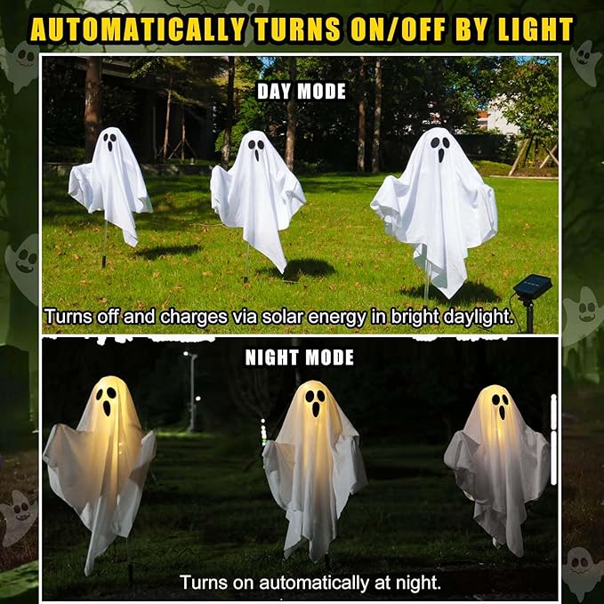 Solar Powered Halloween Decorations, 3 Pack Light Up Ghost Outdoor Path Pathway Kit Walkway Driveway Warm White Led Lights Solar Power Scary Yard Stakes Garden Lawn Decor