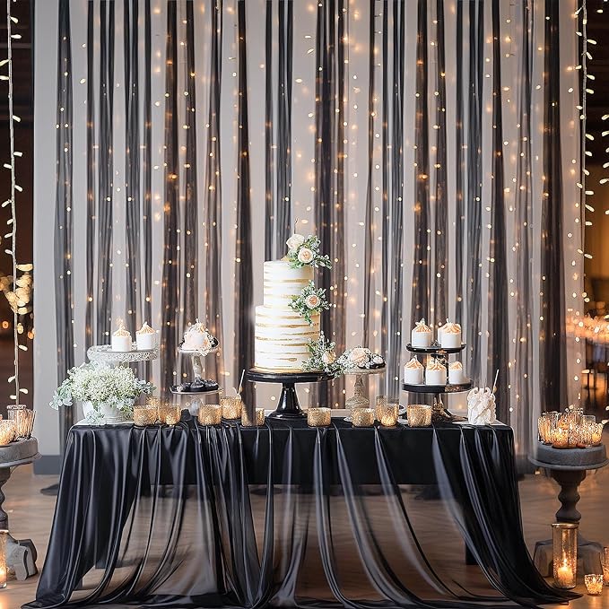 10ft x 10ft Black Backdrop Curtain with Lights String for Parties, Sheer Tulle Wedding Photo Backdrops Drapes for Baby Shower Birthday Party Decorations Background for Photography