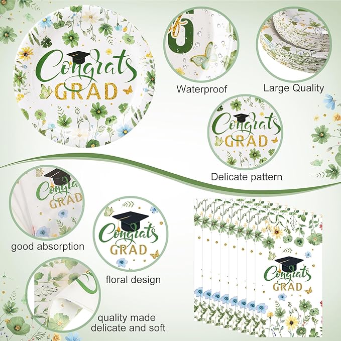 400 Pcs Class of 2026 Green Floral Graduation Decorations for 50 Guest, Green Gold Flower Graduation Paper Plates Napkins and Cups Cutlery Grad Tableware for 2026 Congrats Grad Party Supply