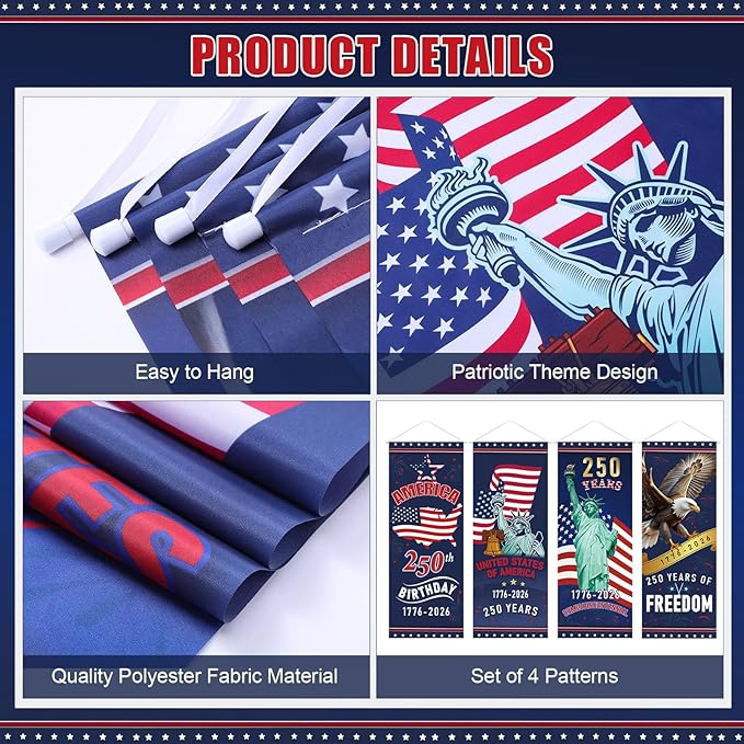 Panelee 4 Pcs 250th Anniversary Banner Decoration Patriotic American Flag Porch Banner 250th Anniversary Hanging Backdrop for Independence Day 4th of July Wall Indoor Outdoor Decor