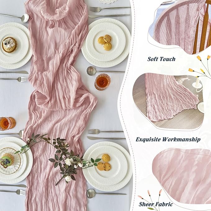 IVAPUPU 10 Pcs Cheesecloth Table Runner - 10ft Dusty Pink Easter Spring Boho Gauze Cheese Cloth Table Runners for Baby Shower Decoration Wedding Party Summer Garden Farmhouse