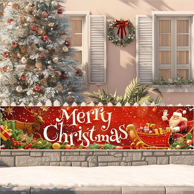 Merry Christmas Banner 79x18 Inches Santa Sleigh and Reindeer Christmas Fence Banner Outdoor Holiday Backdrop for Yard Wall Christmas Door Decorations Large Winter Backdrop Outdoor Display
