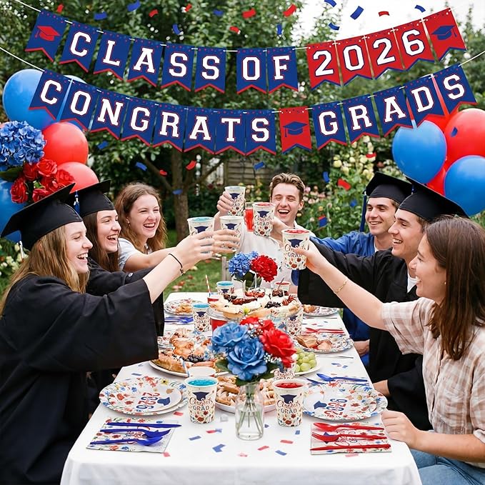 400 Pcs Class of 2026 Blue Floral Graduation Decorations for 50 Guests, Blue Red Flower Graduation Paper Plates Napkins and Cups Cutlery Grad Tableware for 2026 Congrats Grad Party Supply