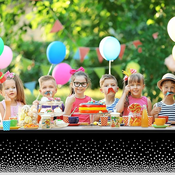 6 Pack Black and Silver Tablecloth Party Decorations Plastic Black Tablecloth Printed Silver Table Runner 54 x108 Inch Disposable Rectangle Table Cover for Birthday Wedding Graduation