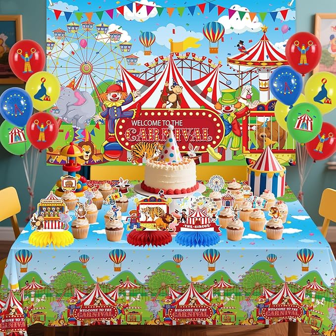Carnival Party Decorations Circus Theme Birthday Party Supplies Including Carnival Backdrop Balloon, Red and White Stripe Tablecover, Centerpieces, cupcake topper for Circus Birthday Party