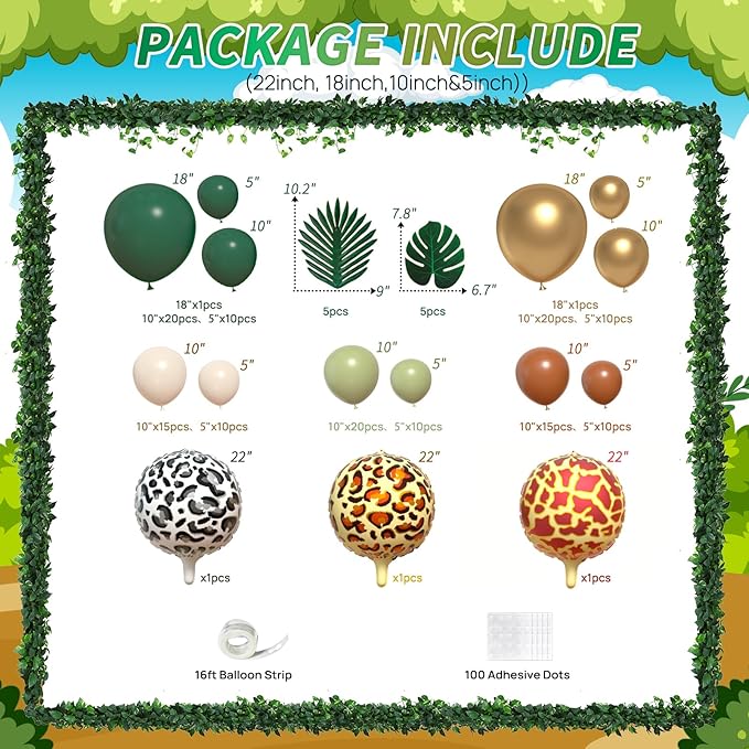 Safari Balloon Garland Arch Kit, JOGAMS 163Pack Jungle Balloon Arch with Sage Green Brown Animal Printed Balloons Leaves for Safari Wild One Jungle Theme Birthday Baby Shower Decorations for Boy