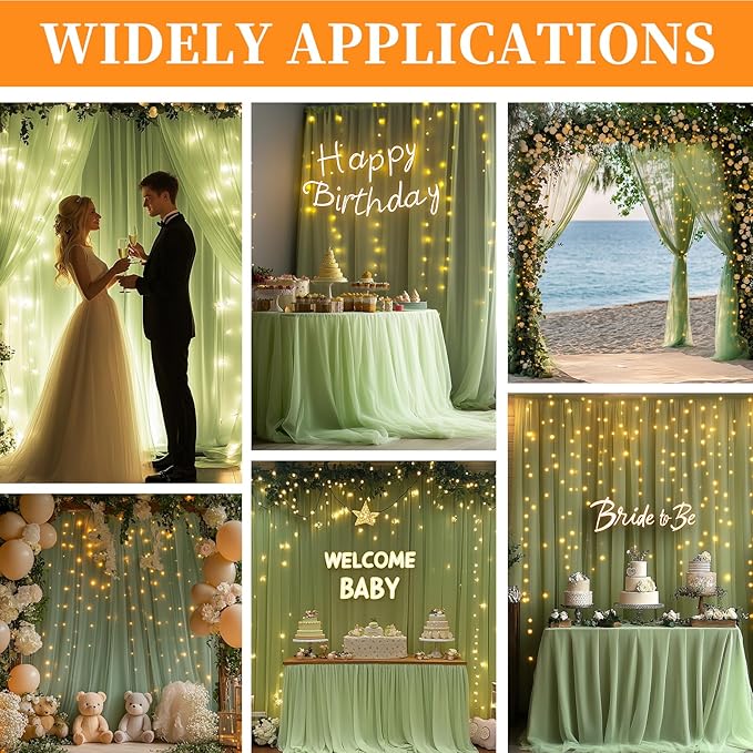 10x10ft Sage Green Tulle Backdrop Curtain with String Lights, Wrinkle-Free Sheer Wedding Backdrop for Birthday Parties, Baby Showers, Bridal Showers, Photo Shoots and Home Decor, Sage Green