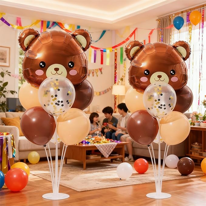 Teddy Bear Table Centerpiece Balloon Stand Kit Set of 2, Teddy Bear Head Foil Balloons with Brown Beige Balloons for Birthday Party Baby Shower Decorations