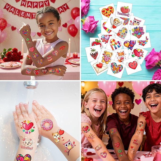 JCFIRE 96Pcs Valentines Day Stickers for Kids Temporary Tattoos, Heart Stickers for Valentines Day Gifts for Kids Classroom Exchange, Waterproof Decals for Party Favors, Goodie Bags, Crafts