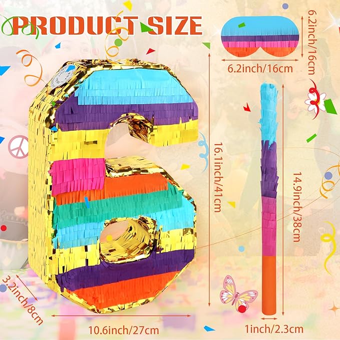 Rainbow Number 6 Pinata for 6th Birthday Party Decorations Fiesta Centerpieces Kids Anniversary Celebrations Birthday Party Supplies (16.1 x 10.6 x 3 Inches)