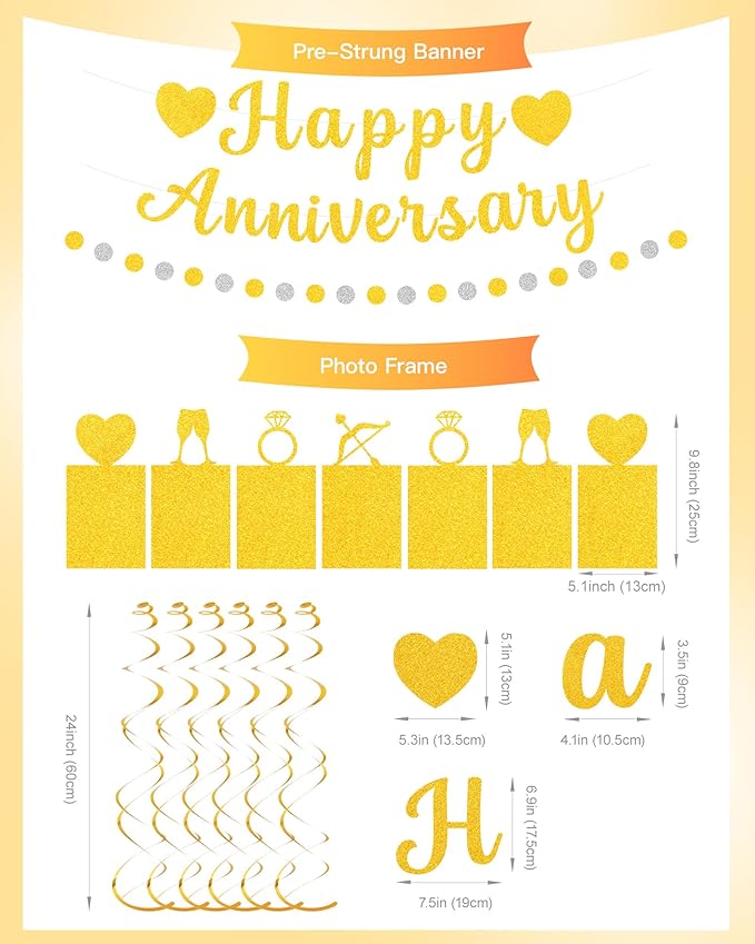 Happy Anniversary Party Decoration Set-Gold Glitter Banner,Photo Banner,Confetti Garland, Hanging Swirls-Elegant Wedding Anniversary Decor