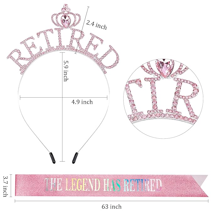 Retirement Gift for Woman - Pink Sash and Crown Headband Party Decorations - The Legend Has Retired - Elegant Cute Rhinestone Headband